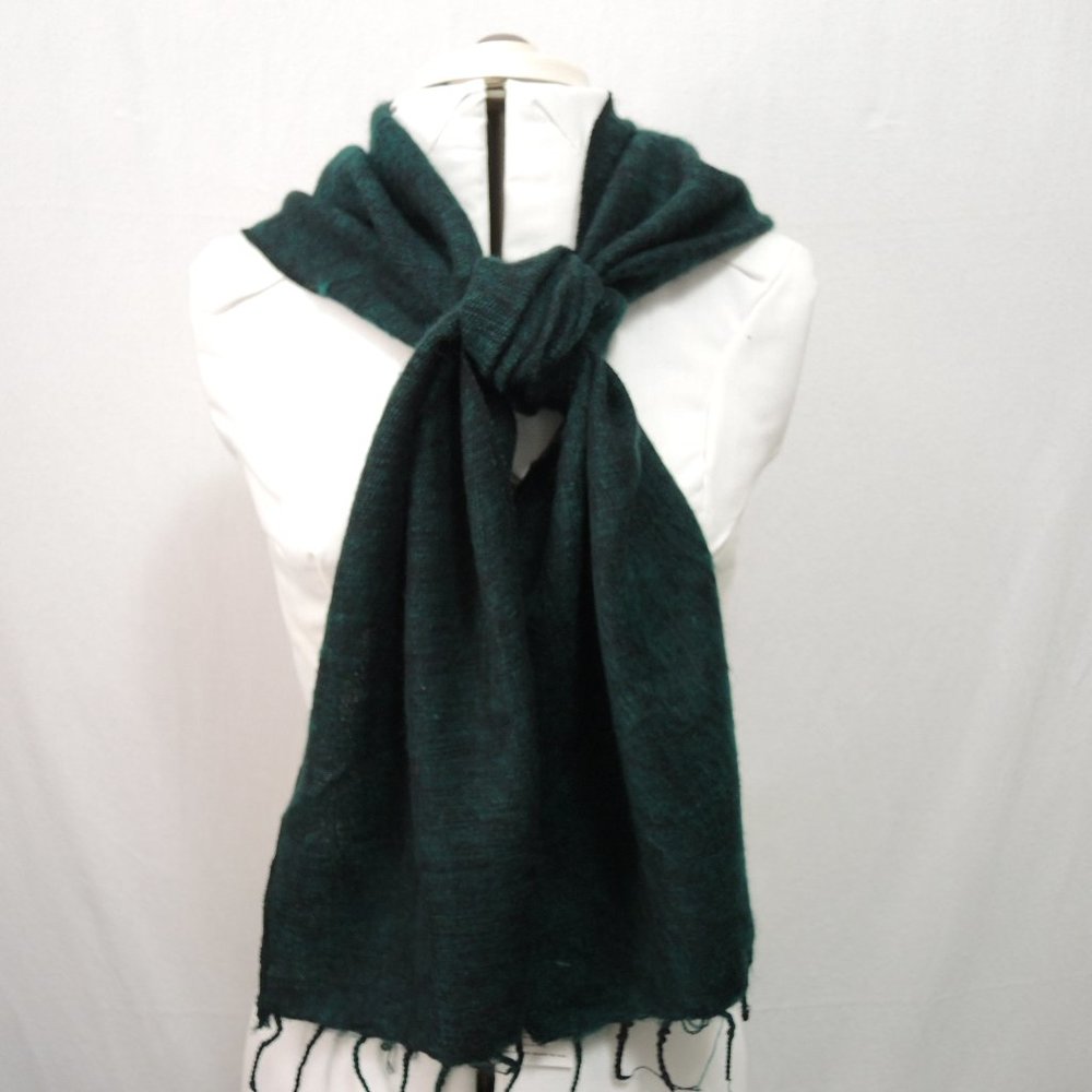 Handmade 100% Wool Scarf Emerald Green & Black with Fringe 72.5" Long